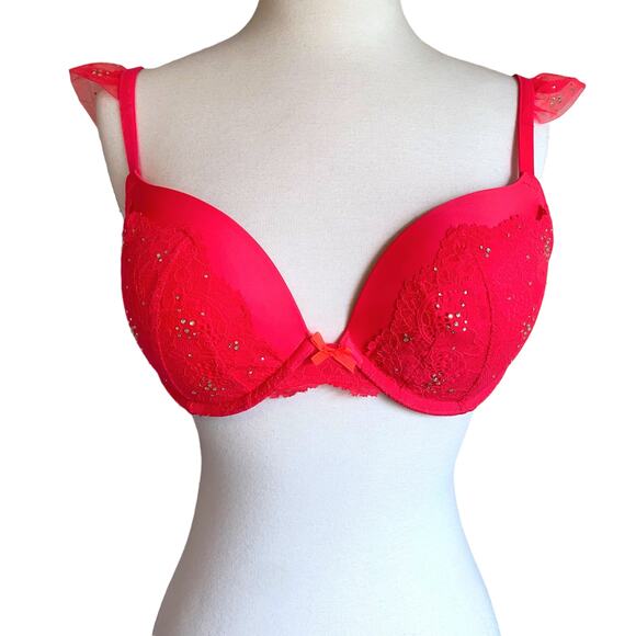 New Victoria's Secret Dream Angels Red Lace Embellished Sequin Push Up Bra 32DD - Picture 2 of 7